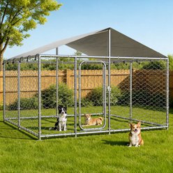 Fuzzy Bird Heavy-Duty Outdoor Galvanized Square Fence Dog Kennel with Waterproof Cover & Safety Lock, Silver, Small: 90-in
