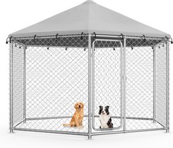 Fuzzy Bird Heavy-Duty Outdoor Galvanized Chain Link Hexagonal Dog Enclosure with Waterproof Cover & Security Lock, Silver, Medium: 109.4 x 109.4 x 95.3-in