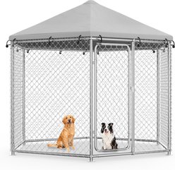 Fuzzy Bird Heavy-Duty Outdoor Galvanized Chain Link Hexagonal Dog Enclosure with Waterproof Cover & Security Lock, Silver, Small:81 x 81 x 95.3-in