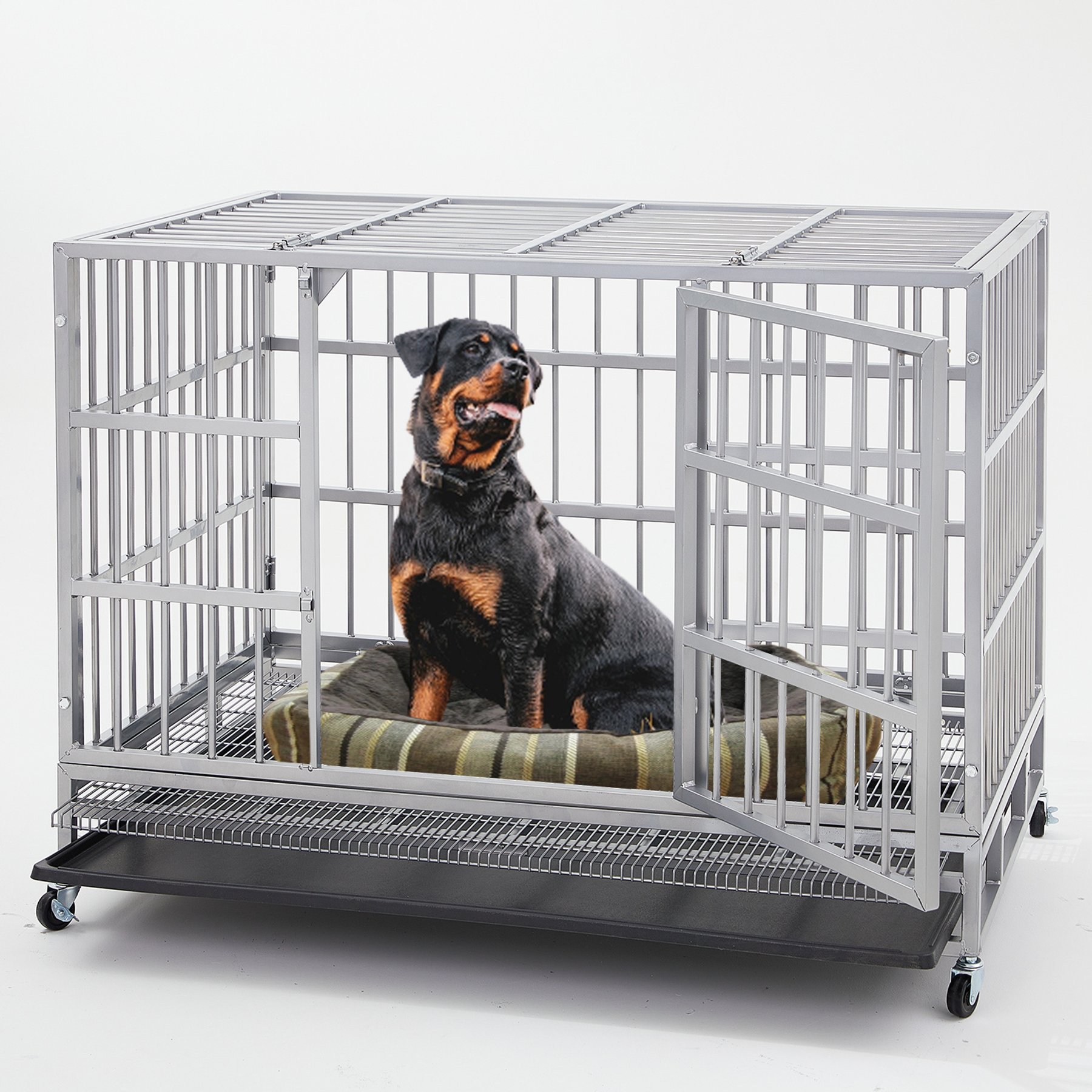 Fuzzy Bird Heavy-Duty Dog Crate with Tray, Wheels & Lock, Silver, Large: 48-in