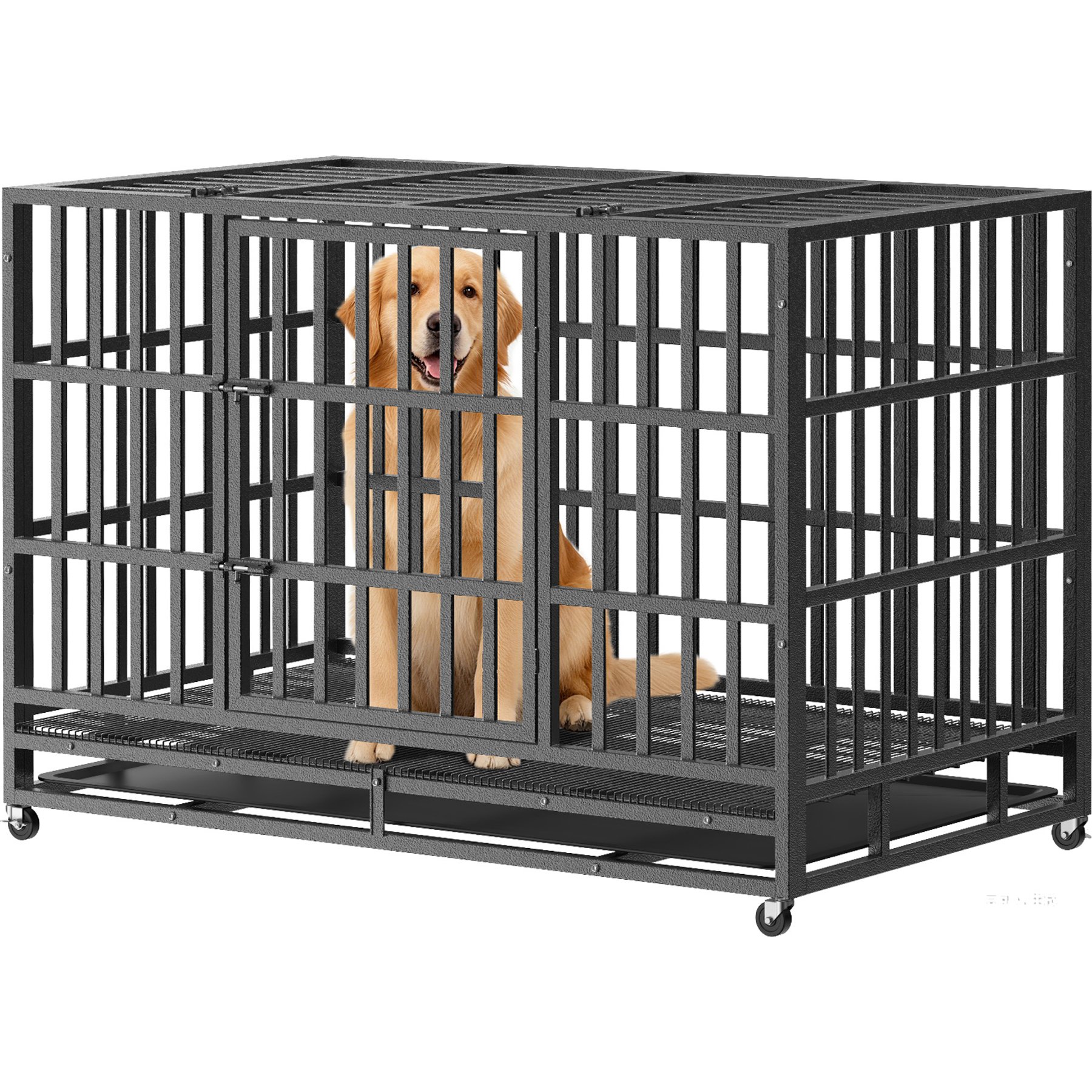 Fuzzy Bird Heavy-Duty Dog Crate with Tray, Wheels & Lock, Black, Large: 48-in