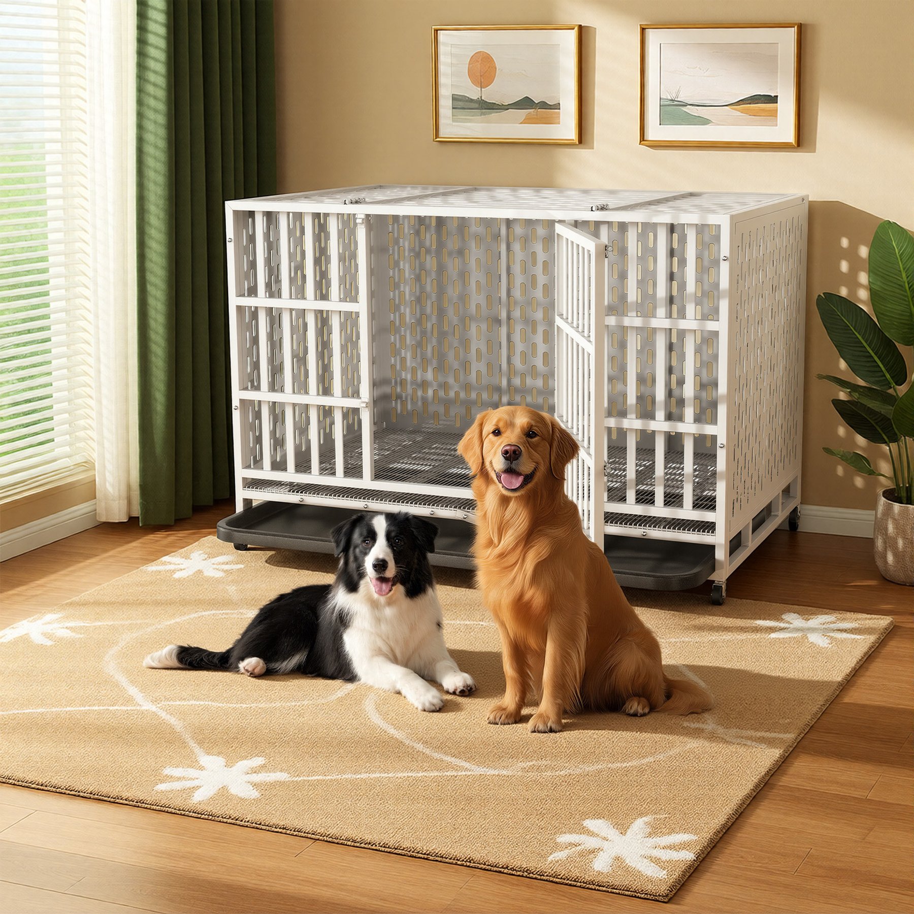 Fuzzy Bird Heavy-Duty Escape-Proof Dog Crate with Tray, Wheels & Lock, white, Large: 48-in