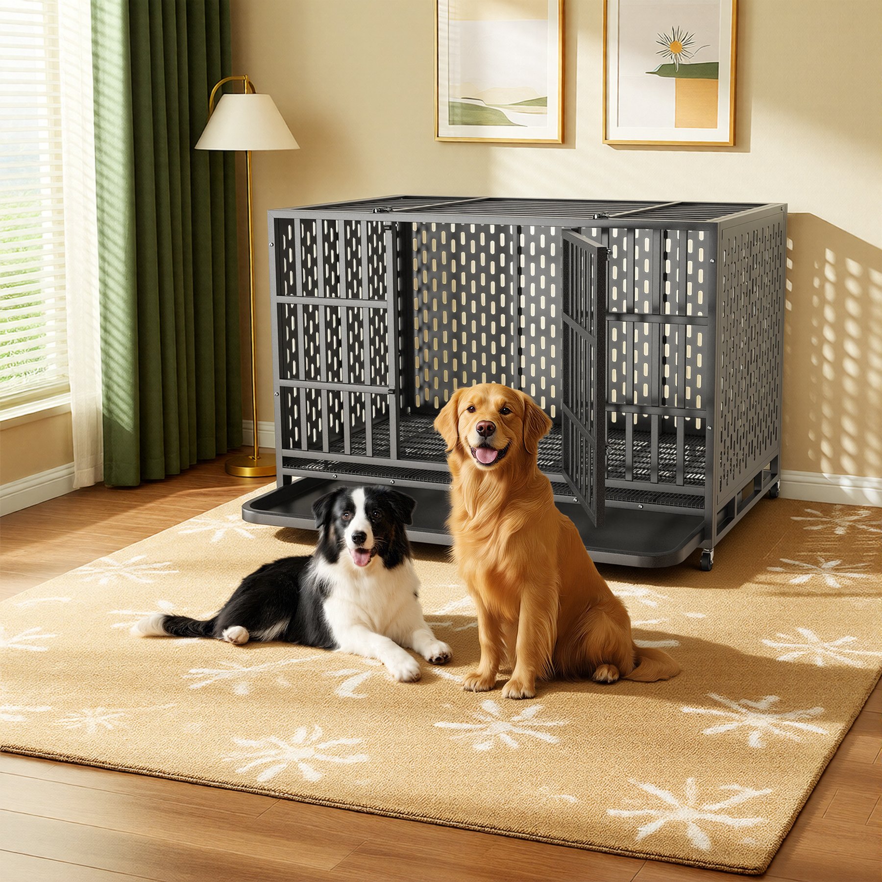Fuzzy Bird Heavy-Duty Escape-Proof Dog Crate with Tray, Wheels & Lock, Black, Large: 48-in
