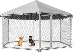 Fuzzy Bird Heavy-Duty Outdoor Galvanized Chain Link Hexagonal Dog Enclosure with Waterproof Cover & Security Lock, Silver, Large: 149.6 x 149.6 x 95.3-in
