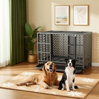 Fuzzy Bird Fuzzy Bird Heavy-Duty Escape-Proof Dog Crate with Tray, Wheels & Lock, Black, Medium: 42-in