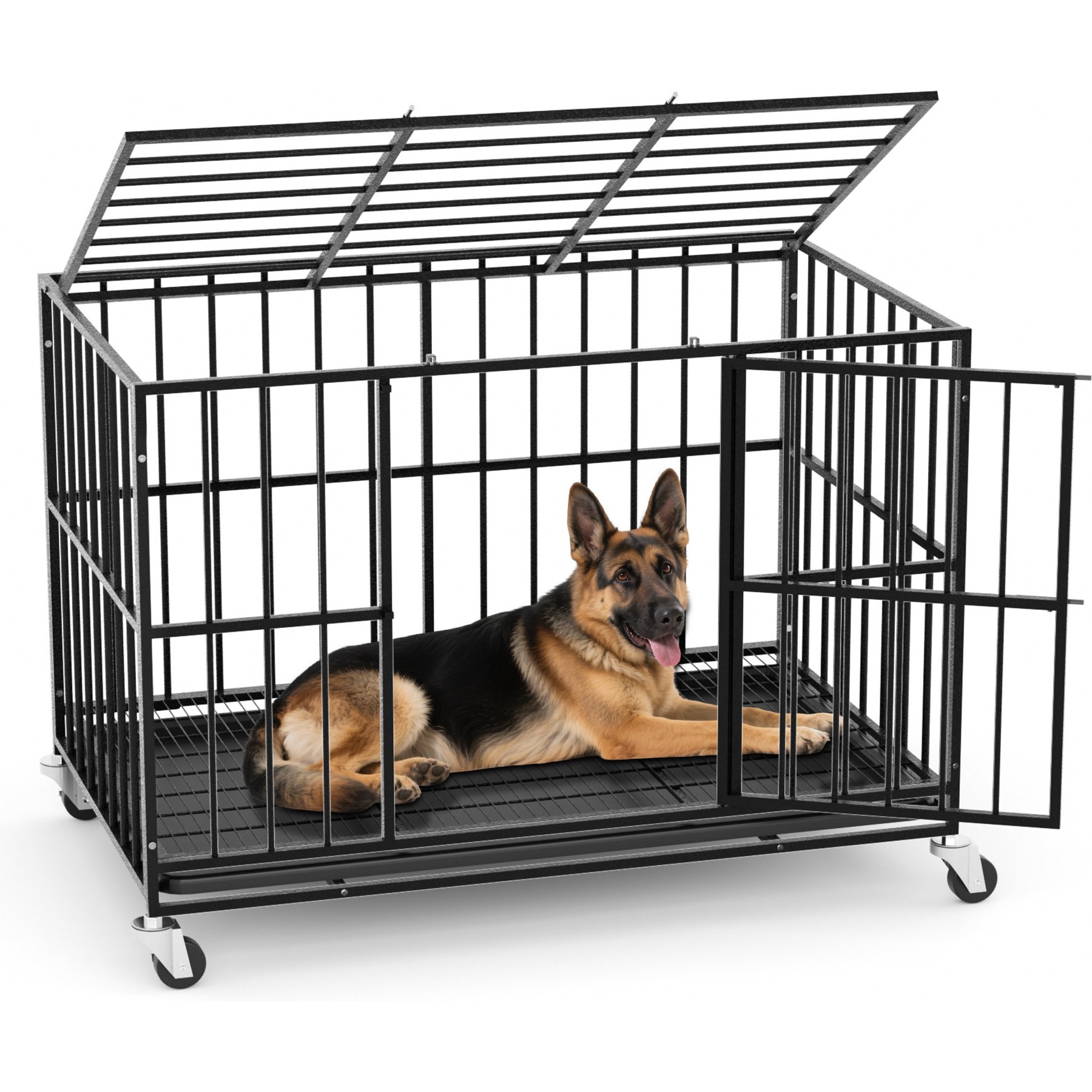 Fuzzy Bird Indoor Escape-Proof Double-Door Steel Pet Cage with Removable Tray & Wheels, Black, 48-in