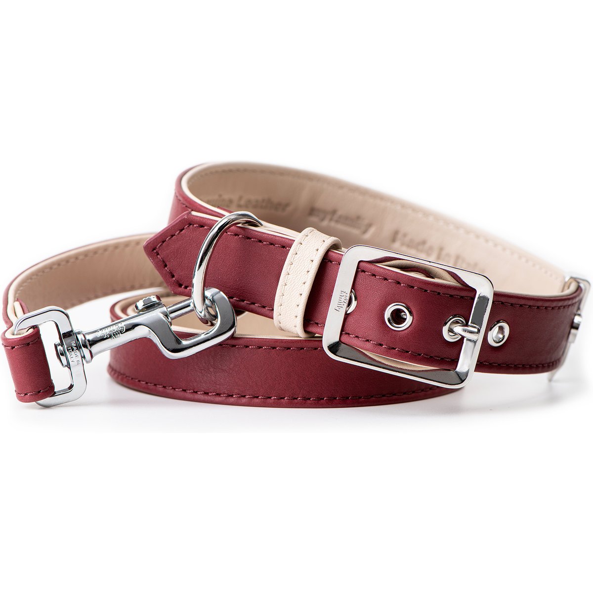 myfamily Hermitage Leather Dog Collar, Burgundy/Cream, Large: 16 to 19-in neck, 1.25-in wide