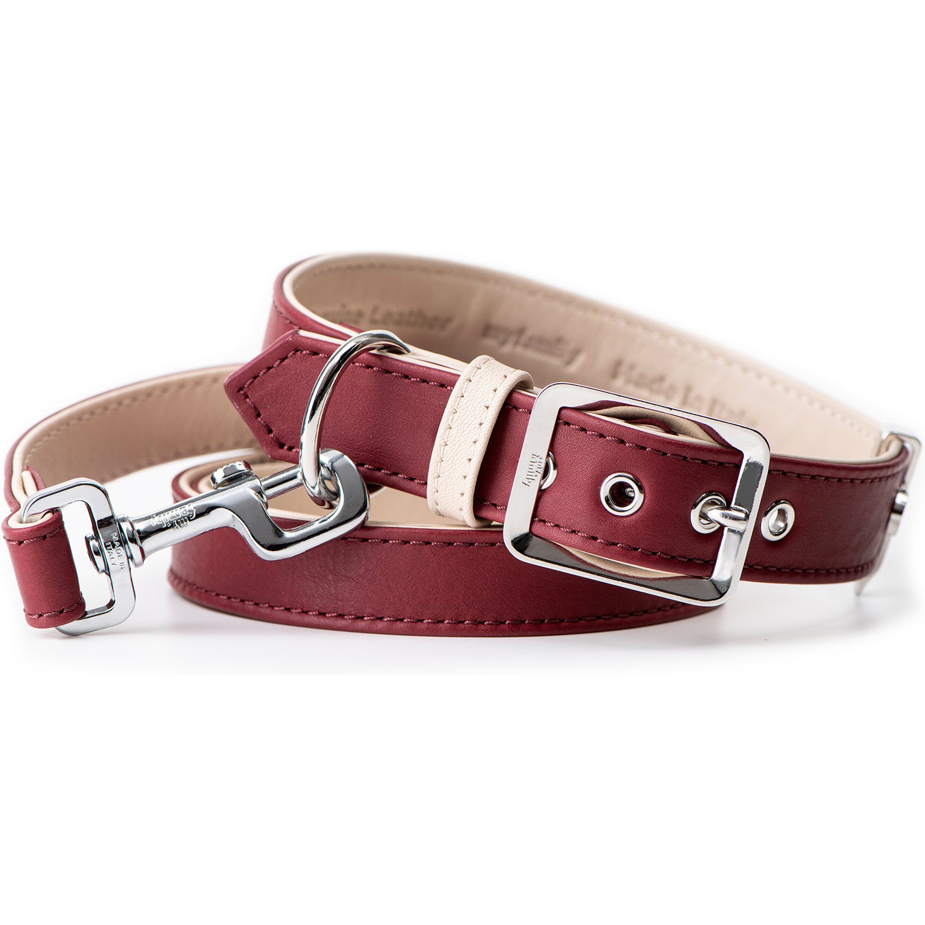 myfamily Hermitage Leather Dog Collar, Burgundy/Cream, Large: 16 to 19-in neck, 1.25-in wide