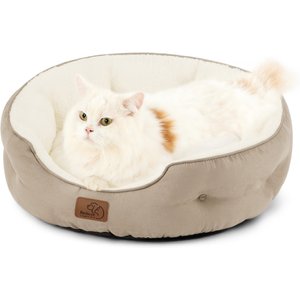 Bedsure Round Bolster Anti-Slip Puppy & Kitten Bed with Washable Pillow Cushion, Camel, Small
