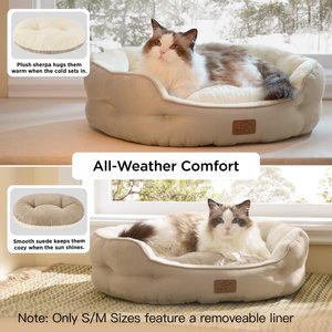 Bedsure Round Bolster Anti-Slip Puppy & Kitten Bed with Washable Pillow Cushion, Camel, Small