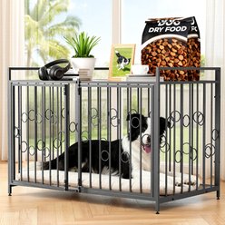 IronovaPets Wooden-Bottom Table-Style Double-Door Dog Crate Furniture, Brown, Medium: 42 inch