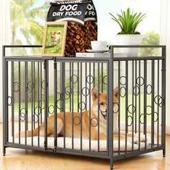IronovaPets Wooden-Bottom Table-Style Double-Door Dog Crate Furniture, Brown, Small: 38 inch