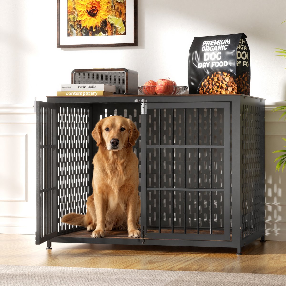 IronovaPets Heavy-Duty Metal Double-Door Dog Crate Furniture, Brown, Large: 42 inch