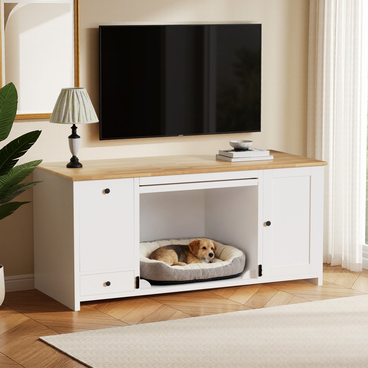 IronovaPets Side Table-Style Indoor Wooden Dog Crate Furniture with Drawers, White, 55 inch