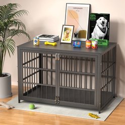IronovaPets Escape-Proof Wood-Grain Side Table Double-Door Furniture Dog Crate, Black, Giant: 48 inch