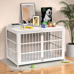IronovaPets Escape-Proof Wood-Grain Side Table Double-Door Furniture Dog Crate, White, Giant: 48 inch