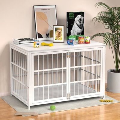 IronovaPets IronovaPets Escape-Proof Wood-Grain Side Table Double-Door Furniture Dog Crate, White, Giant: 48 inch