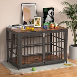 IronovaPets Escape-Proof Wood-Grain Side Table Double-Door Furniture Dog Crate, Brown, Giant: 48 inch