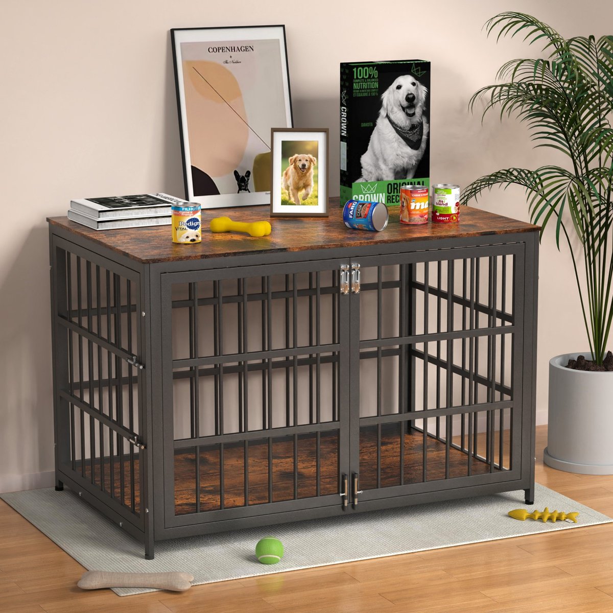 IronovaPets Escape-Proof Wood-Grain Side Table Double-Door Furniture Dog Crate, Brown, Giant: 48 inch