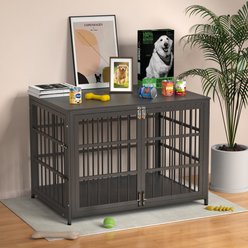 IronovaPets Escape-Proof Wood-Grain Side Table Double-Door Furniture Dog Crate, Black, Large: 42 inch