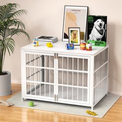 IronovaPets Escape-Proof Wood-Grain Side Table Double-Door Furniture Dog Crate, White, Large: 42 inch