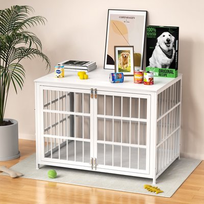 IronovaPets IronovaPets Escape-Proof Wood-Grain Side Table Double-Door Furniture Dog Crate, White, Large: 42 inch