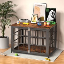 IronovaPets Escape-Proof Wood-Grain Side Table Double-Door Furniture Dog Crate, Brown, Large: 42 inch