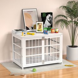IronovaPets Escape-Proof Wood-Grain Side Table Double-Door Furniture Dog Crate, White, Medium: 38 inch