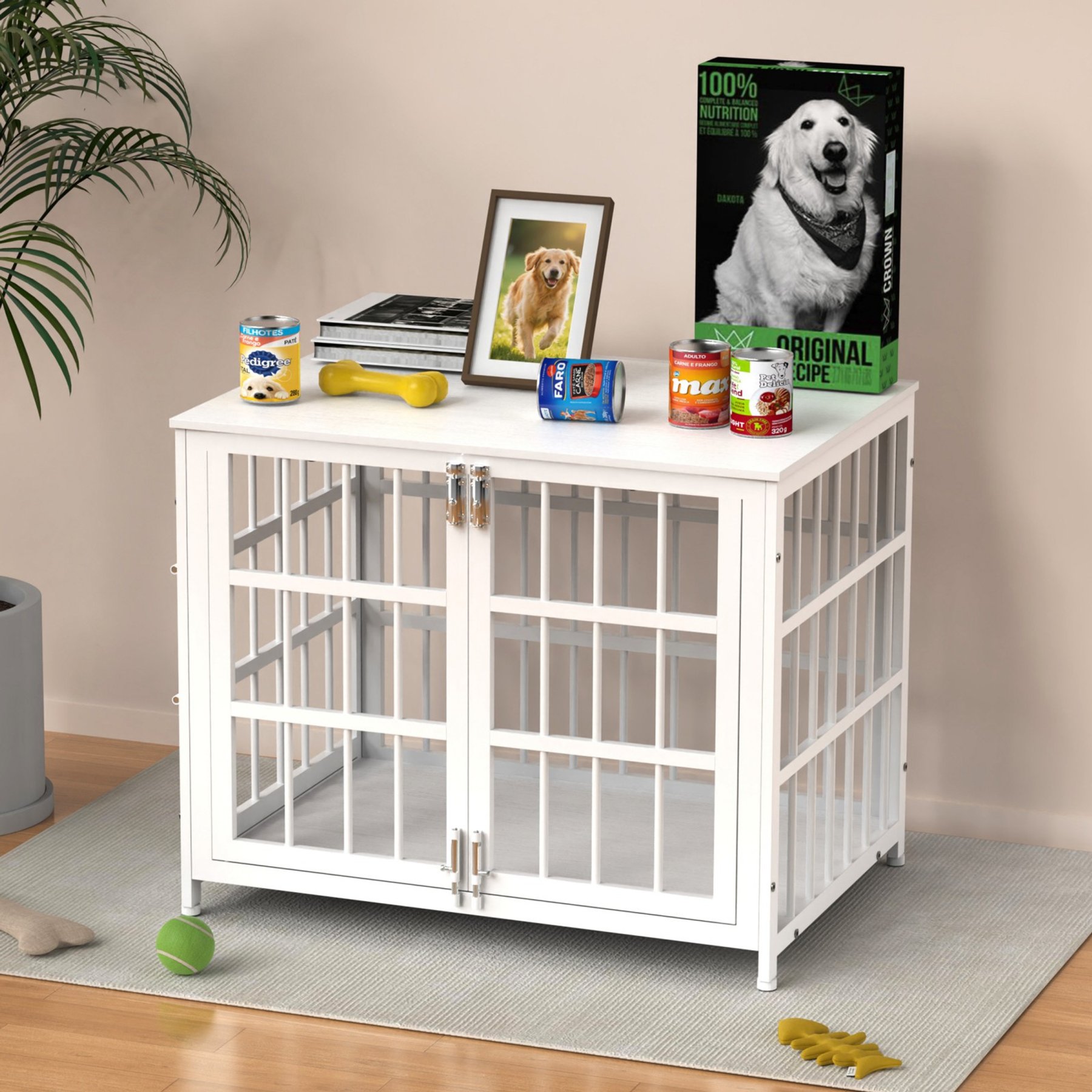 IronovaPets Escape-Proof Wood-Grain Side Table Double-Door Furniture Dog Crate, White, Small: 32 inch