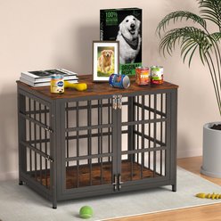 IronovaPets Escape-Proof Wood-Grain Side Table Double-Door Furniture Dog Crate, Brown, Small: 32 inch