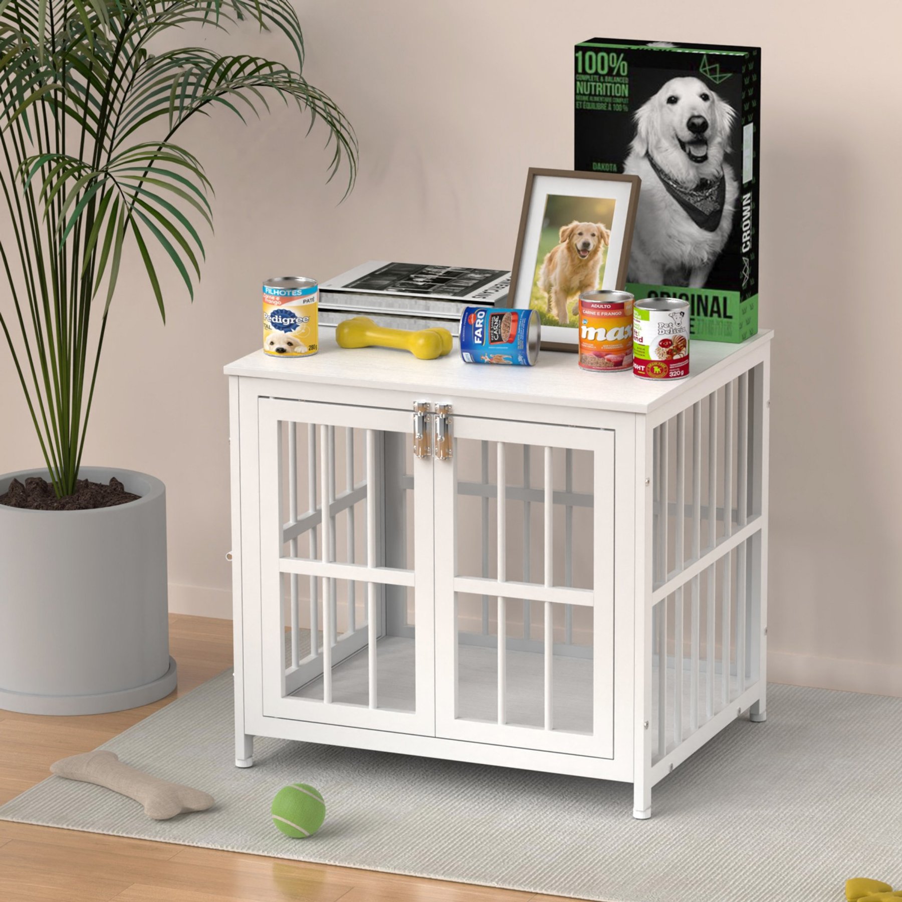 IronovaPets Escape-Proof Wood-Grain Side Table Double-Door Furniture Dog Crate, White, X-Small: 26 inch
