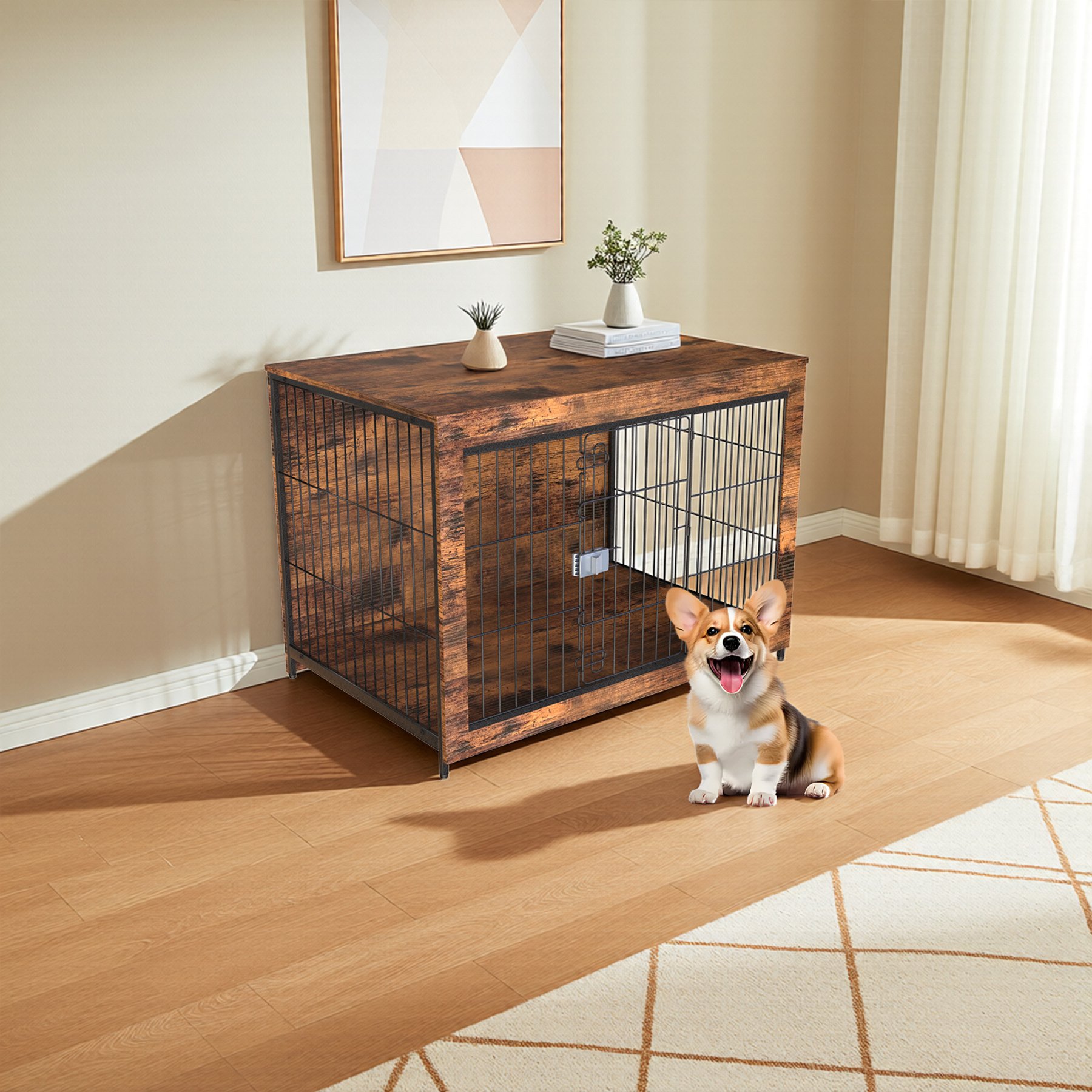 IronovaPets Escape-Proof Lockable Wooden Furniture-Style Dog Cage with Tray Base, Brown, Medium: 38 inch