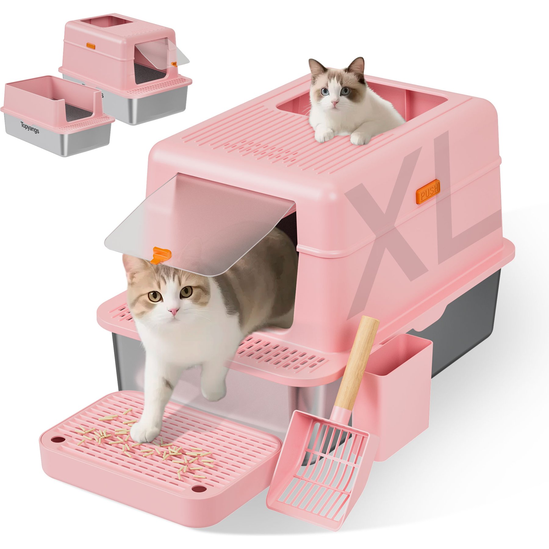 Topyangs Flip-Top Design Enclosed High Sides Stainless Steel Cat Litter Box with Lid, Pink, X-Large: 20-L