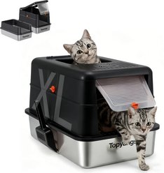 Topyangs 135° Flip-Top Enclosed High Side Anti-Spill Stainless Steel Cat Litter Box with Lid & Odor-Control Metal Breeze System, X-Large, Black