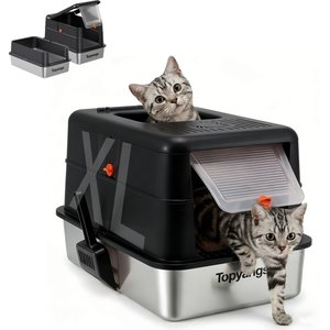 Topyangs 135° Flip-Top Enclosed High Side Anti-Spill Stainless Steel Cat Litter Box with Lid & Odor-Control Metal Breeze System, X-Large, Black