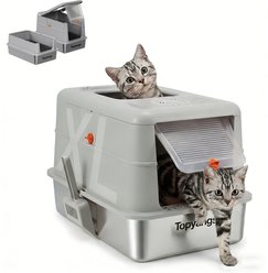 Topyangs 135° Flip-Top Enclosed High Side Anti-Spill Stainless Steel Cat Litter Box with Lid & Odor-Control Metal Breeze System, X-Large, Gray