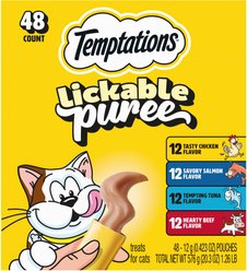 Temptations Creamy Puree Variety Pack Lickable Cat Treats, 0.425-oz pouch, pack of 48