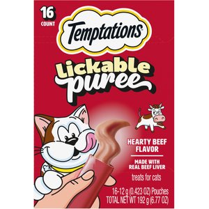 Temptations Creamy Puree with Beef Liver Lickable, Squeezable Cat Treat, 0.425-oz pouch, 16 count