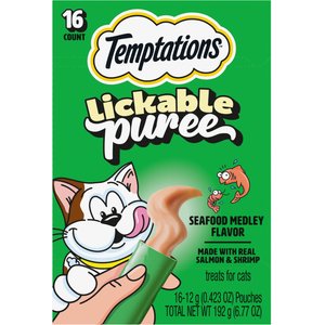 Temptations Creamy Puree Mix-Ups Seafood Medley Flavor Lickable Cat Treats, 0.42-oz tube, pack of 16