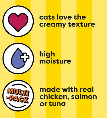 Show full view: Temptations Creamy Puree Salmon, Chicken & Tuna Variety Pack Lickable Cat Treats, 0.42-oz pouch, 24 count slide 4 of 10