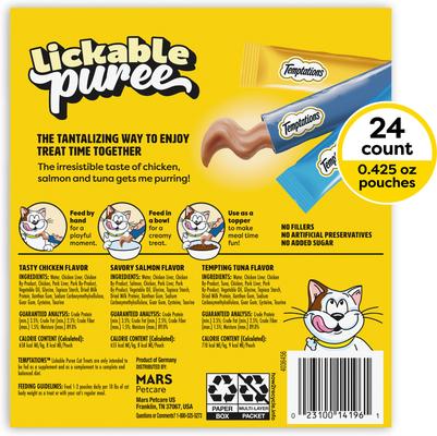 Show full view: Temptations Creamy Puree Salmon, Chicken & Tuna Variety Pack Lickable Cat Treats, 0.42-oz pouch, 24 count slide 3 of 10