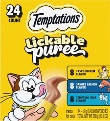Temptations Creamy Puree Salmon, Chicken & Tuna Variety Pack Lickable Cat Treats, 0.42-oz pouch, 24 count