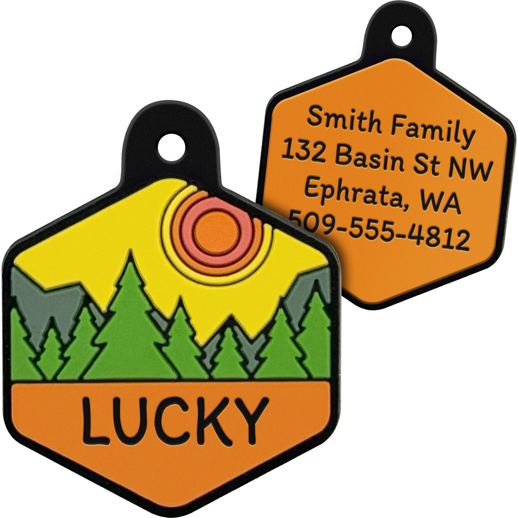 GoTags Hexagon Shaped Silent Silicone Personalized Dog & Cat ID Tag, Forest Amber, Hexagon