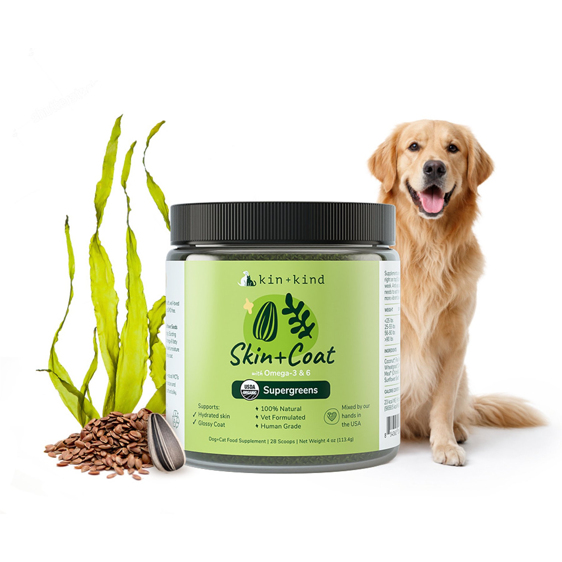 kin+kind Organic Skin+Coat Supplement for Dogs & Cats, 4-oz jar