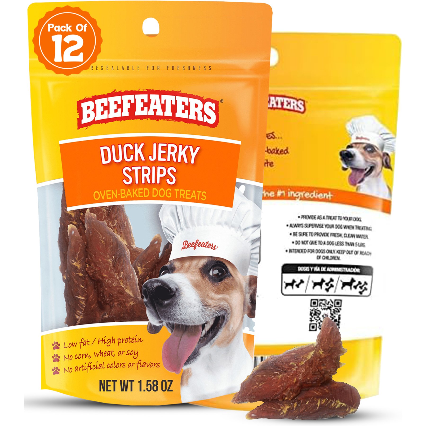 Beefeaters Duck Strips Jerky Dog Treats, 1.58-oz bag, case of 12