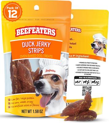 BEEFEATERS Duck Strips Jerky Dog Treats, 1.58-oz bag, case of 12