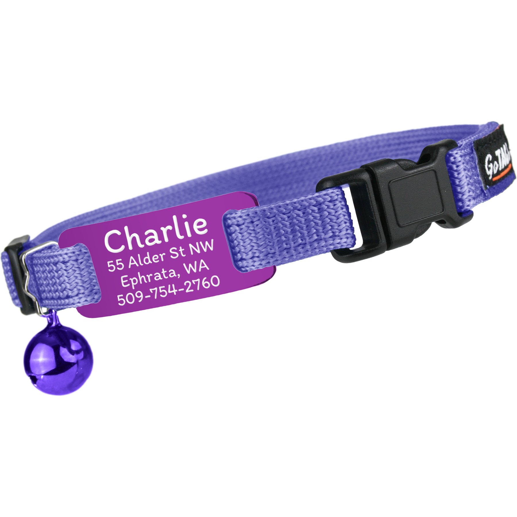 GoTags Personalized Engraved Nameplate Breakaway Cat Collar, Lilac/Lavender, 8 to 12-in neck, 1/2-in wide