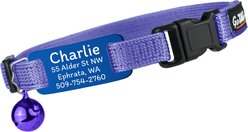 GoTags Personalized Engraved Nameplate Breakaway Cat Collar, Lilac/Navy Blue, 8 to 12-in neck, 1/2-in wide