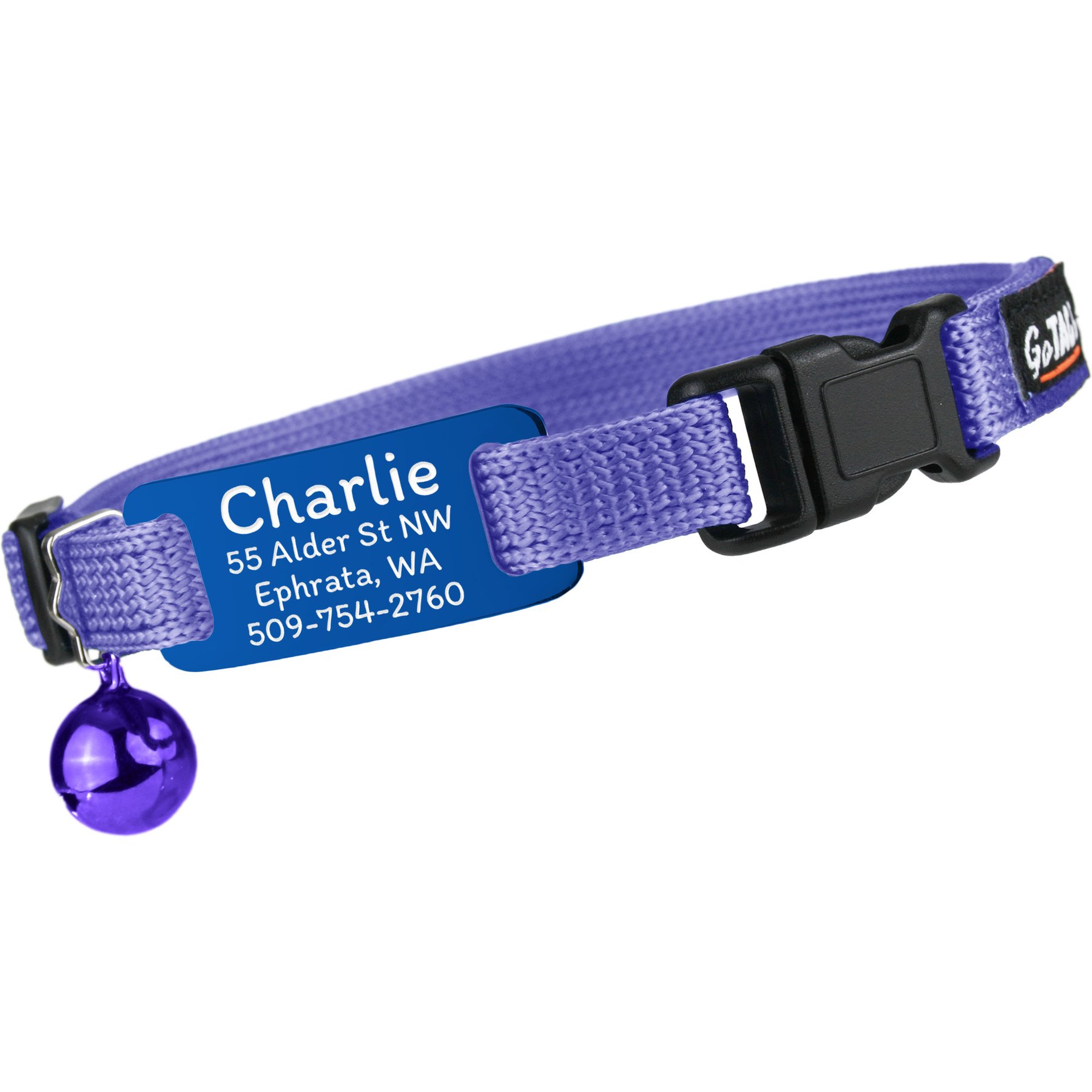 GoTags Personalized Engraved Nameplate Breakaway Cat Collar, Lilac/Navy Blue, 8 to 12-in neck, 1/2-in wide