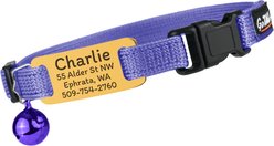 GoTags Personalized Engraved Nameplate Breakaway Cat Collar, Lilac/Honey Gold, 8 to 12-in neck, 1/2-in wide